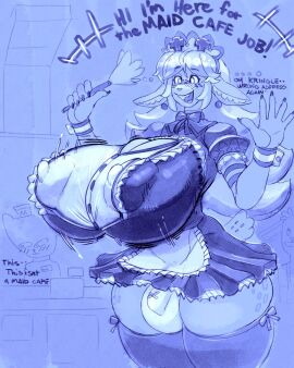 5_fingers ambiguous_anthro ambiguous_gender anthro antlers apron areola_outline big_breasts blue_monochrome blue_text blush blush_lines bouncing_breasts bow_tie bracelet breasts brush bulge burgerpants button_(fastener) cash_register claws clothing deer deltarune detailed_bulge dialogue domestic_cat dress ear_piercing english_text fast_food_restaurant felid feline felis finger_claws fingers fti_crossgender futa_anthro futa_focus futanari genderswap genderswap_(fti) group hair happy hat headgear headwear holding_brush holding_object horn huge_breasts hyper hyper_breasts inner_ear_fluff intersex intersex_anthro intersex_focus jewelry lagomorph legwear leporid long_hair luck_teeth maid_headdress maid_uniform mammal mcdonald's monochrome motion_lines name_tag new_world_deer nipple_outline noelle_holiday open_mouth open_smile palms panties piercing rabbit reindeer restaurant rule_63 scut_tail short_tail skindentation smile snao solo_focus suspenders tail teeth text thigh_highs tongue trio tuft undertale_(series) underwear uniform