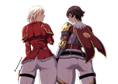 2girls alternate_version_available armor armored_female ass ass_focus backboob big_ass black_eyes blonde_hair brown_hair capcom clothing ear_piercing earrings eleanor_(monster_hunter) female female_only fiorayne hair looking_back monster_hunter monster_hunter_rise monster_hunter_stories_3:_twisted_reflection pants pantylines purple_eyes short_hair thigh_strap white_background white_pants yamanata