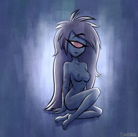 2d artistic_nude breasts cherri_bomb_(hazbin_hotel) cyclops demon demon_girl female female_only fluffy_hair hair_down hazbin_hotel lighting long_hair medium_breasts mood_lighting nonsexual_nudity sitting tasteful_nudity tattoos vivienne_medrano zealotiv