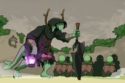 absurd_res anatomically_correct anatomically_correct_genitalia anatomically_correct_penis anthro casual_erection casual_exposure erection final_fantasy final_fantasy_xvi genitals group hi_res holding_object holding_weapon large_group looking_at_viewer male male_anthro penis size_difference thekinkybear tonberry tonberry_king weapon