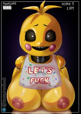 1boy 1girls animatronic animatronic_female anthro artist_name big_breasts big_nipples black_eyebrows boobs_out bottomless bottomless_male breasts breasts_out chica_(fnaf) commission commission_art eyebrows female female_anthro female_focus five_nights_at_freddy's fnaf heart_eyes hearts_in_eyes huge_boobs huge_breasts looking_at_viewer male male/female mouth nipples no_bra no_panties no_underwear open_mouth penis penis_between_breasts pink_nipples sukunaowo telegram_logo topless topless_female yellow_body yellow_skin