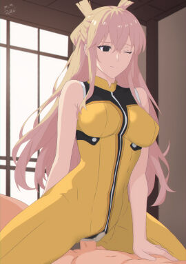 1boy 1girls big_breasts black_eyes blonde_hair bodysuit breasts cowgirl_position curvaceous curvy curvy_female exposed_pussy female female_on_top female_penetrated fit fit_female hourglass_figure long_hair male naked naked_male nipples_visible_through_clothing no_panties nude nude_male nude_male_clothed_female penis pussy rikka sentai_daishikkaku skin_tight sleeveless slim_waist suzukiri_yumeko thick_thighs thighs unzipped unzipped_bodysuit vaginal_penetration yellow_hair