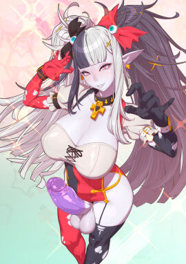 1futa ass balls balls_expansion balls_growth balls_growth_(enlargement) ballsack bangs belt belts big_balls big_booty big_breasts big_penis black_gloves black_hair black_ribbon black_stockings breasts character_request clothed clothing cock condom covered_nipples covering_breasts cross cross_earrings cross_necklace dick dickgirl dual_colored_hair erect_penis erection eyewear futa_only futanari genital_expansion genital_growth genital_growth_(enlargement) hard_cock hard_penis high-angle_view highres huge_cock humanoid humanoid_penis intersex long_hair mostly_clothed necklace neckwear penis pink_eyes pointy_ears purple_condom purple_skin red_gloves red_ribbon red_stockings ribbon ribbons smile smiling smiling_at_viewer solo standing stockings thick thick_ass thick_thighs tomoyuki_kotani twintails voluptuous voluptuous_futa white_hair