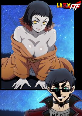1boy 1girls absurd_res absurdres bare_shoulders big_breasts black_hair blood_rivals boobs breasts chris_hollway cleavage demon demon_girl female female_focus hi_res highres lazy-af male multicolored_hair orange_hair original original_character seductive_look seductive_smile short_hair smile thighs yellow_eyes
