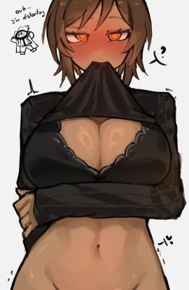 1girls 2024 <3 ? belly_button big_breasts blush blushing bottomless bra breasts brown_hair clothing dante_(limbus_company) dark-skinned_female dark_skin digital_drawing_(artwork) digital_media digital_media_(artwork) eyes_half_open female hand_behind_head heart limbus_company long_sleeves outis_(limbus_company) outis_(project_moon) project_moon shigezie shirt_lift short_hair simple_background sole_female solo_focus trembling white_background yellow_eyes