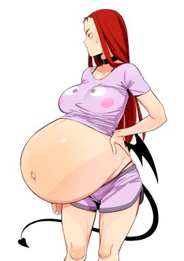 1girls big_belly big_breasts big_thighs black_choker breasts female kyattorosu original pregnant purple_shorts ready_to_pop red_hair short_shorts solo tea_(kyattorosu)
