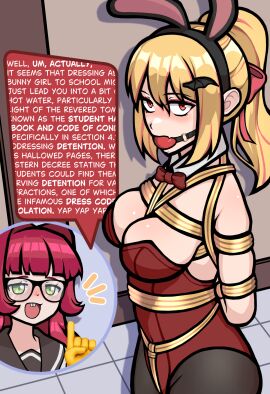 2girls ball_gag blonde_hair bondage bound bowtie breasts bunny_ears bunny_girl bunnysuit dressed english_text female female_only femsub fully_clothed gag medium_breasts metsa-sketch multiple_females multiple_girls nerd original original_character text tight_clothing