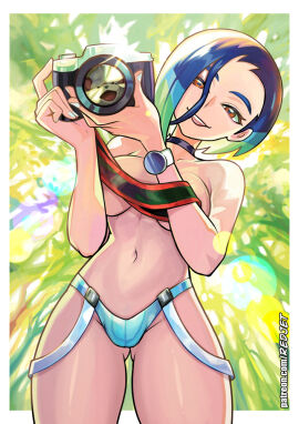 1girls bikini bikini_bottom black_choker blue-haired_female blue_hair braless breasts brown_eyes caucasian caucasian_female choker collar dark_blue_hair eyelashes female forest forest_background green_hair hands_covering_breasts hands_up hazel_eyes hisuian_growlithe holding_camera hourglass_figure japanese_female light_blue_hair looking_at_viewer looking_down looking_down_at_viewer medium_breasts painted_nails patreon_url patreon_username perrin_(pokemon) pokegirl pokemon pokemon_sv pov redjet round_breasts shiny_skin shirtless smile smiling_at_viewer solo solo_female solo_focus thick_thighs thin_waist three-tone_hair white_bikini_bottom white_border white_fingers