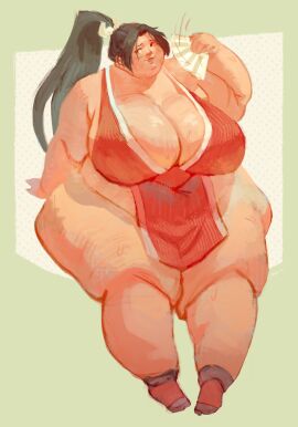 bbw belly big_belly big_breasts black_hair breasts double_chin fanning_self fat fat_female fatal_fury female huge_belly huge_breasts mai_shiranui obese obese_female overweight overweight_female sitting sizemologist snk ssbbw sweat sweatdrop sweating sweaty