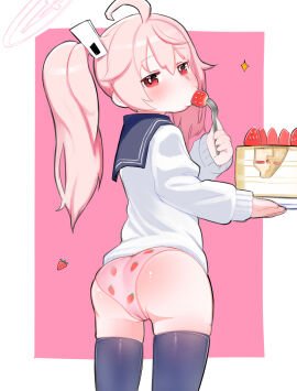 ass ass_cheeks ass_focus big_ass blue_archive blush blushing blushing_ass cake eating female food food_in_mouth halo long_hair looking_at_viewer natsu_(blue_archive) panties presenting_ass red_eyes stockings strawberry strawberry_print trinity_general_school_student uminotacos video_game_characterm young