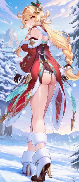 ai_generated alice_(genshin_impact) bell big_breasts blonde_hair braid braided_hair christmas_outfit clothing elf_ears full_body gold_eyes high_heels no_bra no_panties novelai outside round_ass santa_costume sex shionoseed smile snow standing thick_thighs tree very_long_hair