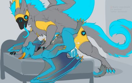 2024 anal anal_sex animal_genitalia ass bed bedroom_eyes blue_body blue_fur bodily_fluids claws cum cum_in_ass cum_inside cum_while_penetrated digital_drawing_(artwork) digital_media_(artwork) dragon duo european_mythology feet feral feral_on_feral feral_penetrated feral_penetrating feral_penetrating_feral fluffy fluffy_tail from_front_position fur furniture furred_dragon furred_scalie genital_fluids genitals gorchitsa_(artist) grey_body grey_fur hi_res horn hybrid inside long_tongue looking_pleasured lying machine male male/male male_penetrated male_penetrating male_penetrating_male missionary_position mythological_creature mythological_scalie mythology narrowed_eyes nude on_back on_bed open_mouth paws penetration penis penis_tip protogen radio_(flufferderg) scalie seductive sex sheath size_difference smaller_penetrated spread_toes stomach_bulge tail toes tongue tongue_out trik_(flufferderg) watermark western_dragon wings