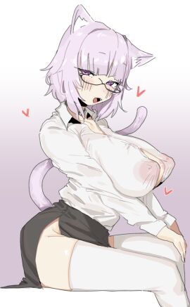 1girls bangs black_skirt blunt_bangs blush blush_lines blushing breasts button_down_shirt button_gap cat_ears cat_girl cat_tail choker collar female glasses hands_on_knee heart hearts hololive hololive_gamers hololive_japan large_breasts leebongchun lips lipstick long_tail looking_at_viewer metal_collar narrowed_eyes nekomata_okayu nipple_bulge nipples nipples_visible_through_clothing office_lady office_lady_outfit ol open_mouth pink_lips pink_lipstick purple_eyes purple_hair short_hair side_slit sidelocks sitting solo thighhighs virtual_youtuber vtuber white_blouse white_shirt white_thighhighs