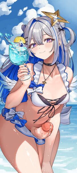 1futa amane_kanata angel angel_wings bent_over big_penis bikini black_collar blue_bow blue_hair blue_nails blue_sky bow breasts clothed clothing collar colored_inner_hair cum day drink drinking_straw erection feathered_wings frilled_bikini frilled_bikini_bottom frilled_bikini_top frills front-tie_bikini_top front-tie_top futa_only futanari grey_hair hair_ornament hairclip halo heart heart-shaped_pupils highres holding holding_drink hololive human intersex jewelry light-skinned_futa light_skin long_hair looking_at_viewer mostly_nude multicolored_hair navel necklace ocean outdoors penis purple_eyes single_hair_intake sky small_breasts smile solo standing star_halo streaked_hair swimsuit symbol-shaped_pupils totemoyuuutsu tropical_drink two_side_up virtual_youtuber white_bikini white_bow wings