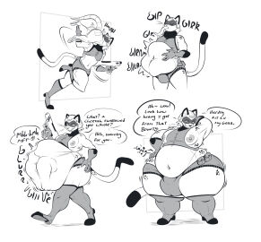 after_vore ambiguous_gender anthro armor ass belly big_ass big_belly big_bulge big_butt blaster bulge butt_expansion cheetah clothing darkcresentskymin detailed_bulge dialogue digestion digestion_noises duo expansion felid feline furry gloves handwear headgear helmet hi_res legwear male male_anthro male_focus male_pred mammal moobs navel nipples solo_focus speech_bubble struggling struggling_prey swallowing thick_thighs visor vore weight_gain wide_hips