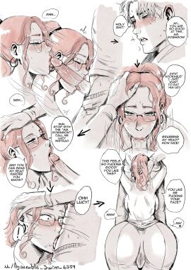 1boy 1girls agreeable_swim_6551 ass big_ass blonde_hair blowjob blush deepthroat dirty_talk english_dialogue english_text face_fucking fellatio female glasses head_grab lucy_(agreeable_swim_6551) male male_pov milf monochrome mostly_monochrome motion_lines movement_lines ms_robinson_(agreeable_swim_6551) older_female_and_younger_male oral oral_sex penis pov pussy pussy_juice_through_clothing red_hair redhead speech_bubble spot_color thought_bubble wet_spot x-ray