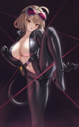 1girls :3 :d ahoge anis_(nikke) blonde_hair bodysuit breasts female goddess_of_victory:_nikke large_breasts leg_lift leg_up light-skinned_female light_skin nervous nervous_smile one_leg_up spy standing standing_on_one_leg subob sunglasses sunglasses_on_head unzipped unzipped_bodysuit yellow_eyes