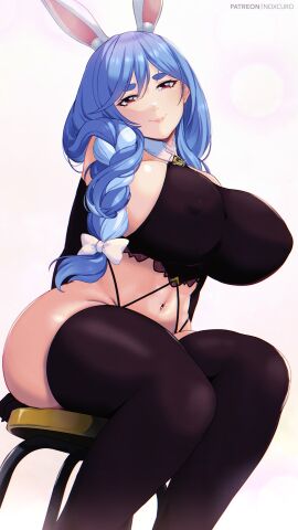 1girls 2024 big_breasts black_thighhighs blue_hair braid breasts bunny_ears bunny_girl female female_only hair_ribbon hi_res hololive hololive_japan holomilfs huge_breasts light-skinned_female light_skin lingerie long_hair looking_at_viewer milf noxcuro pekomama red_eyes sitting smiling smiling_at_viewer solo thick_thighs thighhighs virtual_youtuber