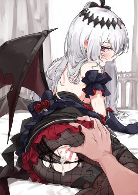 1boy absurdres after_sex after_vaginal bar_censor bare_shoulders bat_wings bed_sheet black_bow black_dress black_gloves black_panties black_pantyhose blush bow breasts censored commission cum cum_in_pussy cumdrip curtains cute_fang demon_girl dress female fishnet_pantyhose fishnets flower frilled_dress frills gloves grabbing_another's_ass groping hair_ornament highres kusugi_tai long_hair looking_at_viewer looking_back male mare_(ac8231) on_bed original panties pantyhose psd_available pussy red_eyes red_flower red_rose rose skeb_commission solo_focus sweat torn_clothes torn_pantyhose underwear white_hair wings
