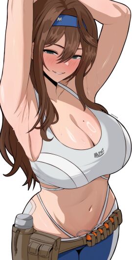 1girls armpits big_breasts blush breasts breasts_out brown_hair cleavage edmun female fully_clothed goddess_of_victory:_nikke highleg hourglass_figure large_breasts light-skinned_female light_skin navel rumani slim_waist solo_female sportswear sweat thick_thighs thong_straps wide_hips