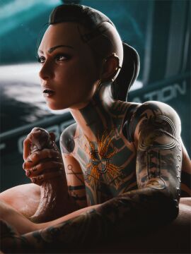 1boy 1girls 2024 3d angry_look black_hair bloo3d breasts cum cum_dripping_from_penis cum_on_fingers duo ear_ornament eyeliner female female_focus foreplay foreskin full_body_tattoo hand_around_penis handjob head_tattoo indoors jack_(mass_effect) kneeling kneeling_on_ground lip_gloss looking_at_partner looking_up_at_partner male mass_effect mass_effect_3 medium_breasts nude nude_female nude_male penis ponytail post-orgasm retracted_foreskin shaved_sides straight tattoos_everywhere tied_hair uncircumcised window