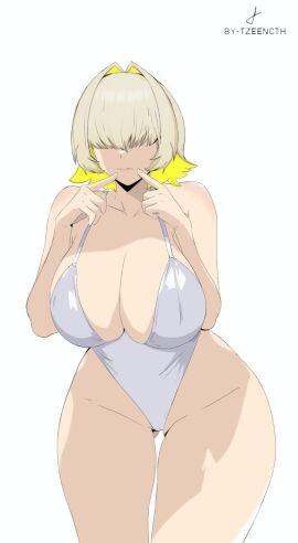 1girls ass_visible_through_thighs blonde_hair breasts cleavage elegg_(nikke) female female_only goddess_of_victory:_nikke hair_over_eyes large_breasts swimsuit thick_thighs white_background wide_hips