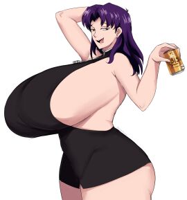 1girls alcohol alcoholic_drink anime ass beer beer_can big_breasts black_dress breasts breasts_bigger_than_head breasts_bigger_than_torso dress drink drunk drunk_female emmarrgus female female_focus female_only gigantic_ass gigantic_breasts gigantic_butt gigantic_thighs hyper hyper_breasts hyper_genitalia light-skinned_female light_skin looking_at_viewer manga mature mature_female misato_katsuragi neon_genesis_evangelion older_female purple_eyes sideboob solo solo_female solo_focus tight_clothing yebisu