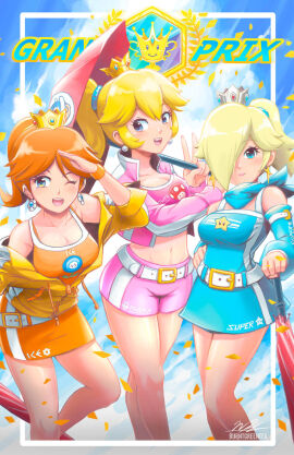 3girls belt blonde_hair blue_dress blue_eyes breasts brown_hair burnt_green_tea crop_top crown dress earrings female flower_earrings hair_over_one_eye holding_umbrella jacket looking_at_viewer mario_(series) medium_breasts midriff navel nintendo orange_skirt orange_sports_bra pink_shorts pink_sports_bra pink_vest ponytail princess_daisy princess_peach princess_rosalina race_queen scarf shorts skirt sports_bra star_earrings umbrella vest yellow_jacket