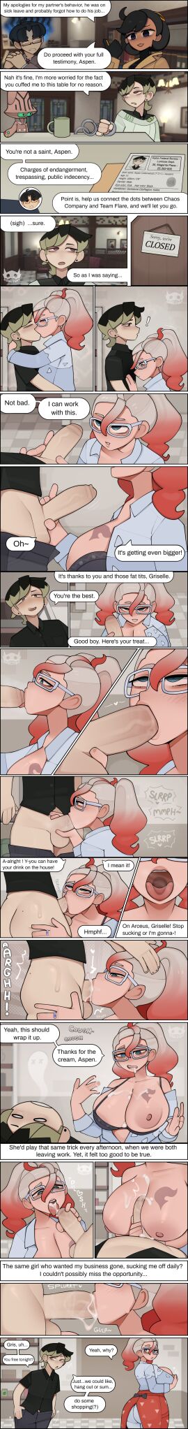 aspen_(gdblight) beheeyem big_breasts blonde_hair blowjob blue_eyes boobjob comic cum cum_in_mouth cumshot dominant_female emma_(pokemon) femboy gdblight glasses griselle_(pokemon) handjob kiss kissing oral oral_sex original pink_eyes pokemon pokemon_legends:_z-a reader_(gdblight) swallowing swallowing_cum taller_female tattoo titfuck titjob