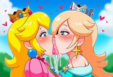 2girls ai ai-created ai_art ai_assisted ai_generated drooling kissing lesbian_kiss mario_(series) nintendo princess_peach princess_rosalina saliva super_mario_bros. yuri