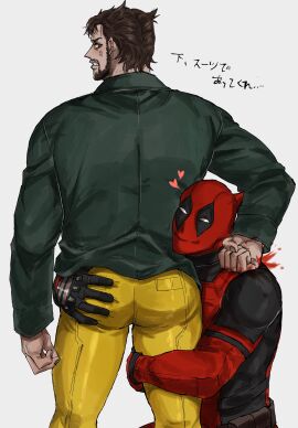 2boys anger_vein ass ass_grab back beard blush bodysuit brown_hair clenched_teeth deadpool deadpool_&_wolverine_(2024) facial_hair gay grabbing_another's_ass groping heart hug immjb5x8u9akn7a jacket long_sleeves looking_back male male_focus male_only marvel marvel_cinematic_universe marvel_comics mask mature_male multiple_boys multiple_males muscular muscular_male red_bodysuit red_mask short_hair smile stab superhero_costume teeth translation_request violence wolverine_(x-men) x-men yaoi yellow_bodysuit