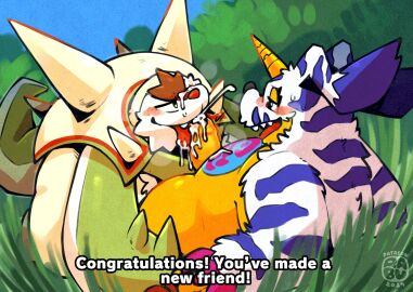 animal_skin anthro balls bandai_namco belly blush bodily_fluids chesnaught crossover cum cum_in_mouth cum_inside digimon digimon_(species) duo erection fellatio foreskin fur gabumon gay generation_6_pokemon genital_fluids genitals hi_res horn male male/male nintendo oral orgasm penile penis pokemon pokemon_(species) raburigaron sex size_difference slightly_chubby striped_body striped_fur stripes uncircumcised