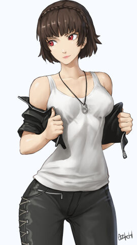 1girls 2021 2d artist_name artist_signature brown_hair curvy female light_skin makoto_niijima nipples_visible_through_clothing ozkh persona persona_5 red_eyes short_hair solo solo_female tank_top tomboy white_background