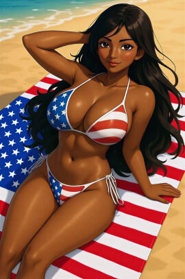 1girls 4th_of_july ai_generated american american_female american_flag_bikini attractive_female beach bikini black_female black_hair dark-skinned_female female fourth_of_july hands_behind_head hi_res large_breasts long_hair looking_at_viewer original_character sexy_body solo solo_female upscaled