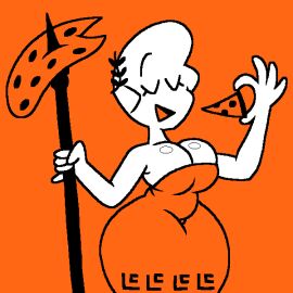 breasts closed_eyes dress eating_pizza female jjoyplus little_caesar little_caesars orange_background pizza spear white_body