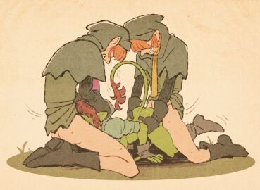 1girls 2_on_1 2boys ambiguous_penetration blush bottomless eyes_covered female georgie_(taylor_titmouse) goblin goblin_female goblina_(taylor_titmouse) green_skin hair_over_eyes hood male markie_(taylor_titmouse) mmf_threesome original questionable_consent spitroast tagme taylor_titmouse threesome