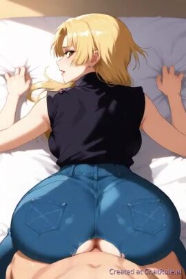 1boy 1girls 2:3 ai_generated blonde_hair clothed_female_nude_male crotchless crotchless_clothes crotchless_pants denim doggy_style jeans jujutsu_kaisen light-skinned_female light-skinned_male light_skin looking_at_viewer looking_back male/female naked no_sound pants sex_from_behind shorter_than_10_seconds straight tagme v vertical_video video yuki_tsukumo
