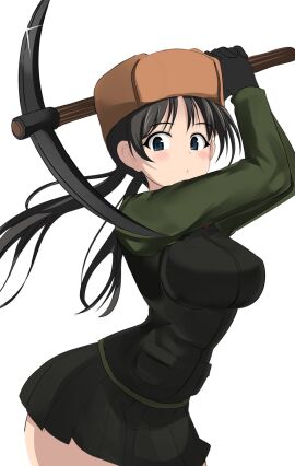 army_uniform ass big_breasts breasts female girls_und_panzer green_clothing nina_(girls_und_panzer) short_skirt staring_at_viewer thick_ass