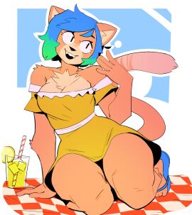 anthro boonsky cat_ears cat_girl catgirl feline female flip_flops kari_(remanedur) lemonade multicolored_hair orange_fur picnic sandals tail