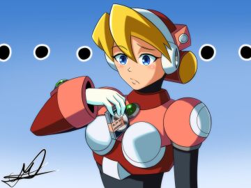 1girls alia black_body blonde_hair blue_eyes blush breasts confused_face female medium_breasts mega_man mega_man_x robot_girl rockartistz short_hair solo solo_female white_gloves