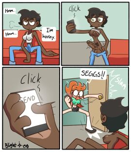 2futas black_hair blightstar booty_call canon_couple clothing dark-skinned_futa dark_skin dialogue electronics emily_(blightstar) english_text futanari ginger human imminent_sex intersex jess_(blightstar) light-skinned_futa light_skin opening_door orange_hair pale_skin phone selfie sending_nudes sexting sitting tagme tired undressing