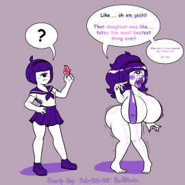 1_eye 1girls ass ass_expansion before_and_after bikini bimbo bimbo_lips bimbofication breast_expansion breast_growth breast_growth_(enlargement) breasts commission commissioner_upload cyclops dated donut doughnut english_text fake_breasts feet female female_only food frosty_roy headband hypnosis lip_expansion mind_break mind_control nipple_bulge octette_(octotron2000) original_character ponytail purple_eye purple_hair sailor_uniform school_uniform serafuku shiny_skin shoes short_hair skirt sling_bikini solo solo_female someone_else's_oc text text_bubble thick_thighs transformation white_body wide_hips