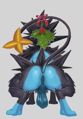 2024 anthro anus ass balls big_ass big_butt black_body black_fur blue_body blue_fur breasts christmas felid feline feral fur gay generation_4_pokemon genitals hi_res holidays holly_(plant) lovettica luxray male male_only mammal multicolored_body multicolored_fur nintendo plant pokemon pokemon_(species) poskapaints presenting presenting_hindquarters rear_view saggy_balls scrotum scrotum_flap simple_background solo yaoi