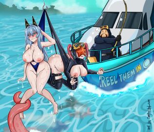 2girls big_ass big_breasts big_butt bikini blue_eyes blue_hair boat breasts breasts_out cameltoe dave_the_diver dripping fishing fishing_rod flossing goddess_of_victory:_nikke hang_to_dry hanging_wedgie helm_(nikke) large_ass large_breasts mast_(nikke) pink_hair smoochylover starfish tentacle water wedgie wedgie_fetish wet