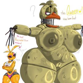 2girls animatronic animatronic_female belly big_areola big_breasts breasts chubby_belly damaged dirty_body english_text fat fat_female female female_focus female_only five_nights_at_freddy's five_nights_at_freddy's_2 glossy_body japansadface large_jaw larger_female mommy pussy repost smaller_female text thick_female thick_thighs toy_chica_(fnaf) vagina venus_body white_background withered_chica yellow_body yellow_skin