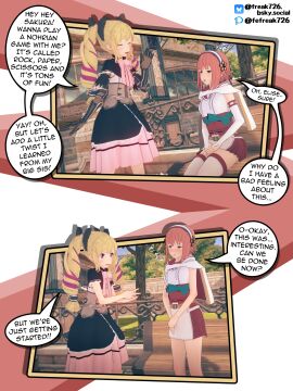 2girls bangs bare_arms bare_thighs bench bent_over blonde_hair blush breasts capelet closed_eyes comic dress elbow_gloves elise_(fire_emblem) english_text exhibitionism fefreak726 female female_only femsub fire_emblem fire_emblem_fates gloves hairband hairbow hoodie humiliation long_hair medium_breasts multicolored_hair multiple_females multiple_girls nintendo open_mouth outdoors own_hands_together pink_eyes public red_eyes red_hair rock_paper_scissors sakura_(fire_emblem) short_hair short_sleeves sitting small_breasts smile standing strip_game text thighs undressing window yellow_hair yuri