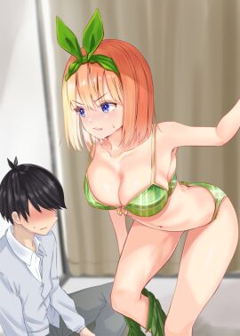 1boy ass ass_crack bare_arms black_hair blue_eyes blurry blurry_background bra breasts butt_crack cardigan cleavage collarbone collared_shirt dress_shirt embarrassed female go-toubun_no_hanayome green_bra green_hairband green_panties green_ribbons grey_cardigan grey_pants hairband highres hug indoors large_breasts leaning_forward long_sleeves male medium_hair nakano_yotsuba nanashi_(74_nanashi) navel orange_hair panties pants plaid_bra plaid_clothes plaid_panties ribbon shirt short_hair sitting strap_gap sweatdrop uesugi_fuutarou underwear underwear_only v-shaped_eyebrows white_shirt wing_collar