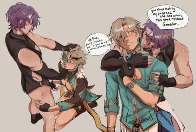 2boys aventurine_(honkai:_star_rail) blush dialogue dominant dr._ratio_(honkai:_star_rail) gay honkai:_star_rail male male_only on_knees partially_clothed submissive_male tagme tongue