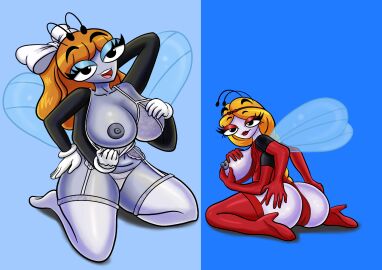 2020s 2025 2girls 4_arms antennae_(anatomy) big_ass big_breasts blue_background breast_size_difference camilla_zesty dark-skinned_female detailed disney disney_channel female_focus female_only hand_behind_head hand_on_own_hip hands_on_own_breasts hands_on_own_hips height_difference huge_breasts identical_twins insect_girl insect_wings light-skinned_female light_blue_eyeshadow lingerie looking_at_viewer mature_female medium_breasts multi_arm non-mammal_breasts older_female older_sister_and_younger_sister on_knees orange_hair perky_breasts presenting_breasts presenting_hindquarters red_armwear red_eye red_heels red_lingerie red_lipstick render seductive seductive_eyes seductive_look seductive_pose sexy_body sexy_pose siblings sideboob sisters size_difference tammy_(the_buzz_on_maggie) tammy_zesty teasing the_buzz_on_maggie thick_thighs two_tone_background white_bow white_lingerie wide_hips wing_size_difference younger_female zombiez