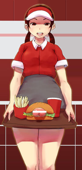 1futa bar_censor big_penis borusen breasts brown_eyes brown_hair burger burger_fucking censored clothed clothing commentary_request cowboy_shot cup disposable_cup employee_uniform erection fast_food fast_food_uniform food food_fetish food_penetration food_play french_fries futa_only futanari grey_skirt high-waist_skirt holding holding_tray human intersex light-skinned_futa light_skin low_twintails medium_breasts miniskirt mostly_clothed open_mouth original penis penis_burger penis_in_food penis_out skirt smile solo standing tray twintails uniform visor_cap